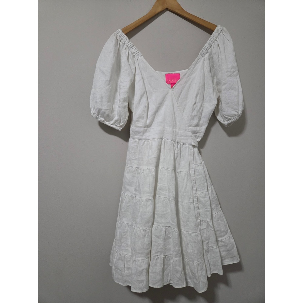 Lilly‎ Pulitzer White Linen Puff Sleeve Tiered Wrap Dress Small Coastal Summer